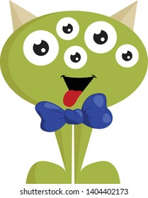 Green monster with blue bow, with lots of eyes, with red tongue, with two horns and two feet, vector, color drawing or illustration. 