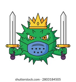 A green monster with a blue face mask, crowned king, holding swords, looking fierce and powerful, with a regal and intimidating presence.