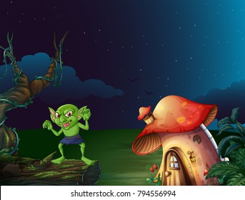 Green monster by mushroom house at night illustration