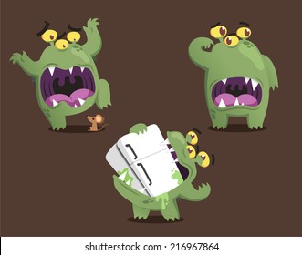 Green monster cartoon action set vector illustration