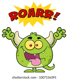 Green Monster Cartoon Emoji Character Roaring. Vector Illustration Isolated On White Background With Text