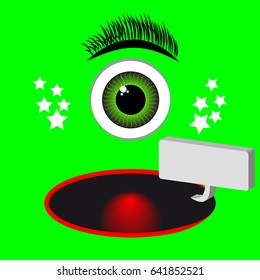 Green monster cartoon with eye and speach bubble. Vector illustration.