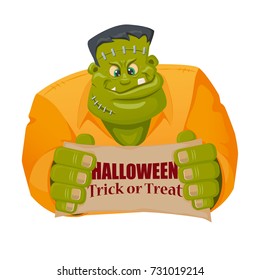 Green monster character in cartoon style. Banner with sign - Halloween. Trick or treat.