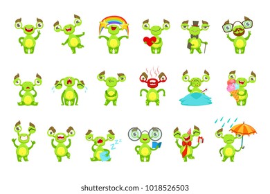 Green Monster Character Different Emotions And Situations Set