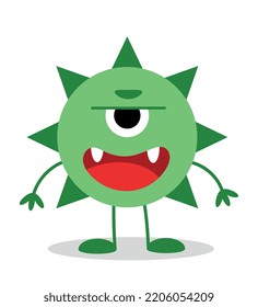 Green monster character. Round mutant with one eye, open mouth, and spikes on its head. Toy or mascot for kids, social media sticker, poster or banner for website. Cartoon flat vector illustration