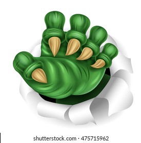 Green monster claw breaking through ripping tearing