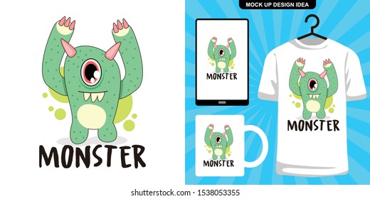green monster cute animal cartoon illustration and merchandising design