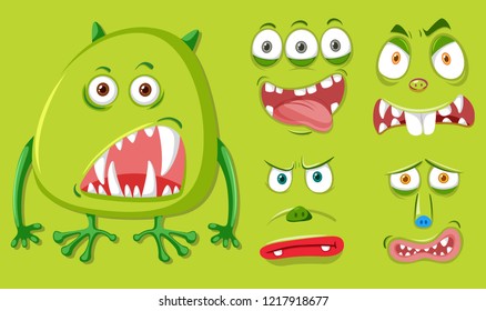 Green monster and different facial expression illustration