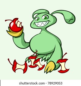 Green monster eating apples