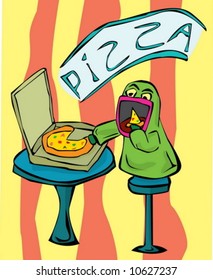 Green monster eating pizza in a cafe