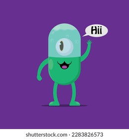 Green monster with a green eye waving hello vector art illustration