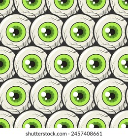 Green monster eyeballs on black background. Halloween vector seamless pattern. Best for textile, print, wrapping paper, package and festive decoration.