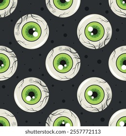 Green monster eyeballs on black background. Halloween vector seamless pattern. Best for textile, print, wrapping paper, package and festive decoration.