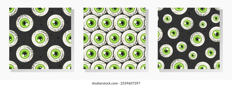 Green monster eyeballs on black background. Halloween vector seamless patterns collection. Best for textile, print, wrapping paper, package and festive decoration.