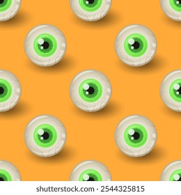 Green monster eyeballs on orange background. Halloween vector seamless pattern. Best for textile, print, wrapping paper, package and festive decoration.