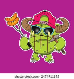 a green monster figure was spearing a sausage and holding an axe