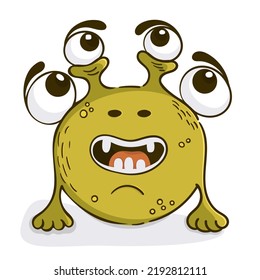 A green monster with four eyes and two paws. Isolated alien. A cartoon character. 
