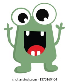 Un monstruo verde con cuatro dientes y ojos abultados levantó las manos mientras reía dibujo o ilustración de color vectorial 