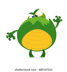 Green monster frog waving kids cartoon. Childish scary green animal amusing character. Vector illustration