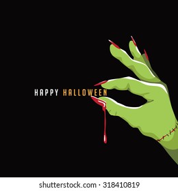 Green monster hand Happy Halloween design. EPS 10 vector illustration