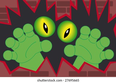 green monster hands and creepy alien eyes coming out of a wall