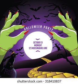 Green monster hands Halloween party design. EPS 10 vector illustration