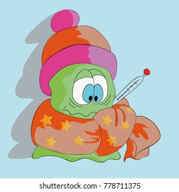 A green monster in a hat with scarf holds a thermometer and he is cold