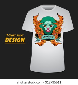 Green monster head surrounded by two decorative dragons t-shirt print design
