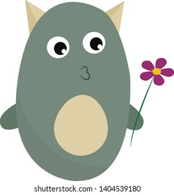 A green monster with horns kissing to a purple flower, vector, color drawing or illustration. 