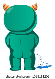 Green monster with horns peeing vector illustration
