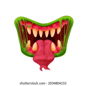 Fuentes verdes de monstruo. Boca, dientes y lengua de la caricatura Halloween criatura espeluznante o bestia peligrosa. Vectora maw con colmillos afilados en bambú verde o saliva y lengua larga forjada