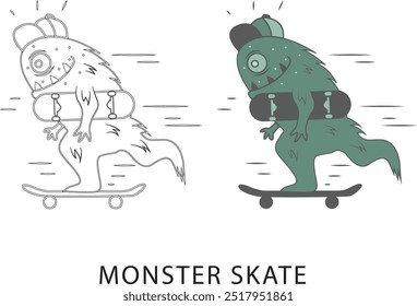 The green monster kicks up dust as he skates, his claws gripping the board with excitement and energy