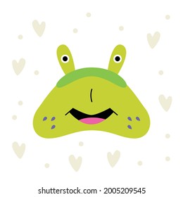 The green monster is like a turtle. Children's character, cartoon, wallpaper, textiles. Vector illustration.