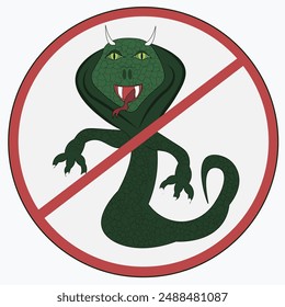 Green monster looks like a snake with big eyes, two horns, vector or illustration. A snake is drawn in the center of the prohibition sign.	