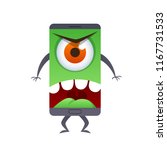 Green monster on mobile phone screen. Halloween illustration.