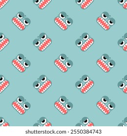 Green monster pattern. Monster eyes and teeth ornament. Kids fabric background