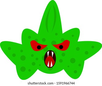 green monster with patterns of dark spots and evil red eyes open mouth with sharp teeth object on a white background concept of mysticism and halloween
