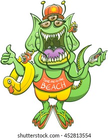 Green monster with pointy ears, long tail, sharp teeth and three eyes while smiling, listening to the music, thumbing a ride and wearing sunglasses, cap, shorts and a "take me to the beach" tank