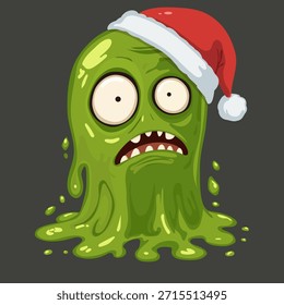 Un monstruo verde con un sombrero rojo y una cara verde. El monstruo está cubierto de baba y tiene una expresión triste