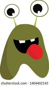 A green monster with red tongue, two teeth, big eyes, vector, color drawing or illustration. 