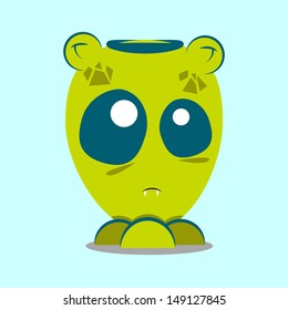 Green Monster shy, with cap, blue background.