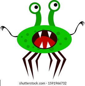 green monster with six paws and sharp fangs cartoon character on a white background mysticism and halloween concept