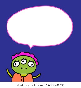 Green monster and speech bubble hand drawn vector illustration in cartoon style comic art