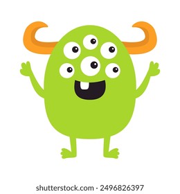 Green monster standing. Happy Halloween. Cute monsters silhouette icon. Many eyes, tooth, orange horns. Cartoon kawaii funny character. Childish style. Flat design. Isolated. White background. Vector