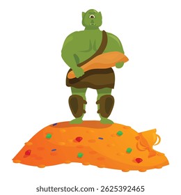 Green monster standing on a pile of gold and holding a club, guarding his treasure