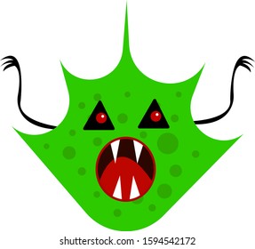 green monster with triangular eyes and sharp fangs dark spot patterns and an awesome looking object on a white background mystic and halloween concept