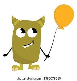 A green monster with two sharp horns and an orange color balloon vector color drawing or illustration