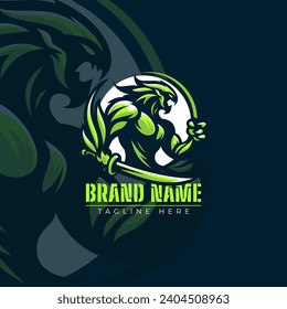 Green monster vector logo illustration. Scary creature mascot logo on dark blue background.