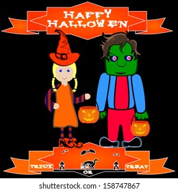 green monster and witch trick or treating on Halloween
