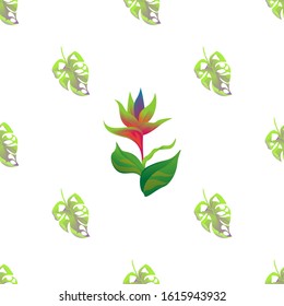 Green Monstera. Green bird of paradise. Vector illustration. Seamless background pattern. Floral botanical flower. Wild leaf wildflower isolated. Exotic tropical hawaiian jungle. Fabric wallpaper.